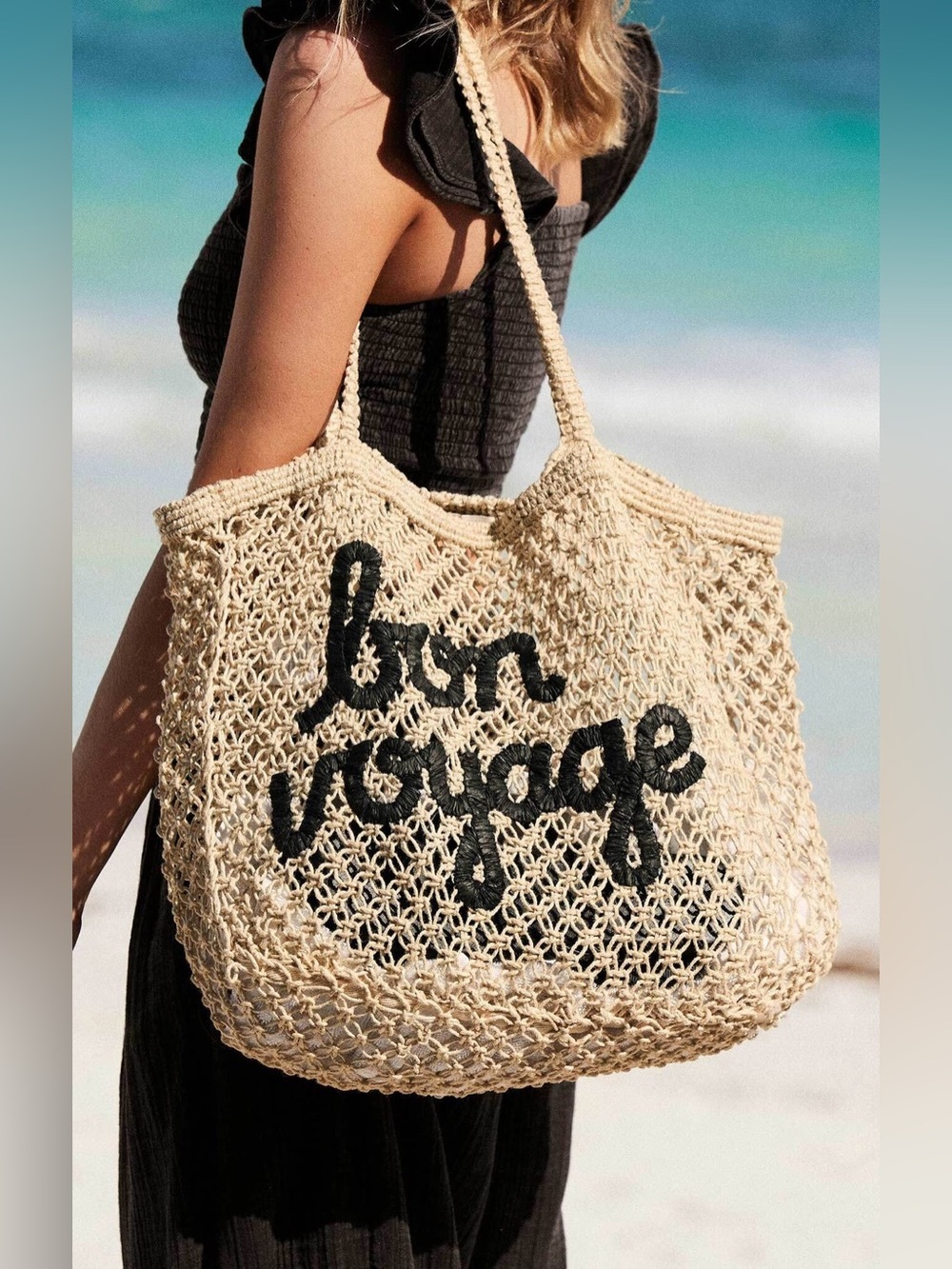 🆕  Z Supply ‘Bon Voyage' Summer Beach Tote Bag - Natural with Black Script NWT